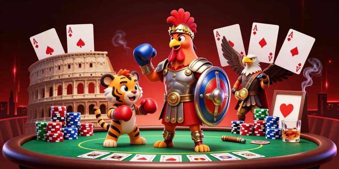 Gioco al casino AAMS nuovi con un gallo gladiatore e un cucciolo di tigre in un'arena
