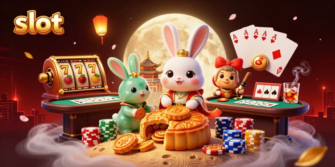 Slot gacor menarik dengan karakter kelinci bulan dan simbol slot klasik di latar belakang.