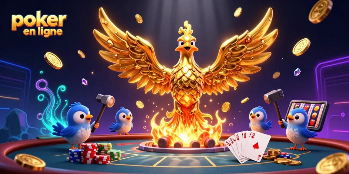 Jouez au poker en ligne avec nos tables remplies de jetons colorés et une main royale.