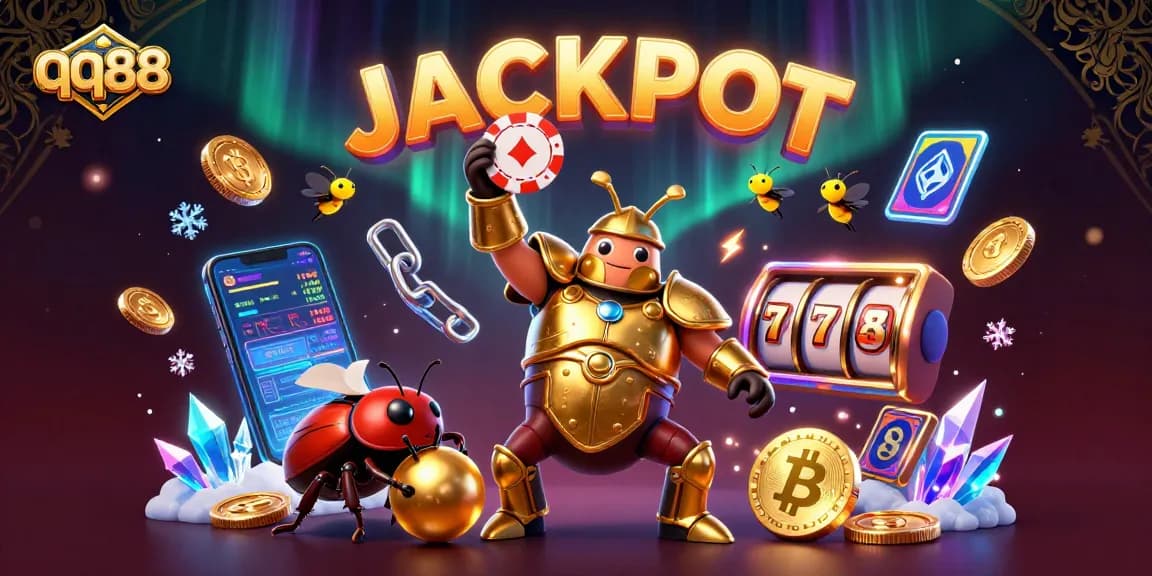qq88 celebrates a big win with a digital jackpot in a vibrant casino scene.