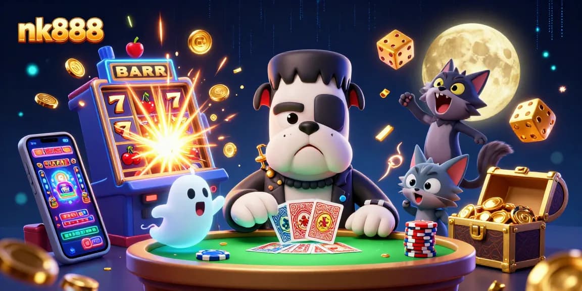 Experience thrilling gaming at nk888 with a fun 3D scene of a Frankenstein bulldog, ghost mouse, and werewolf kitten.