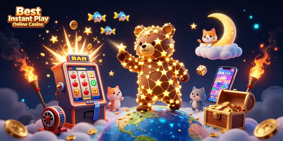 Engage with the Best Instant Play Online Casinos featuring golden stars and slot machines in a vibrant scene.