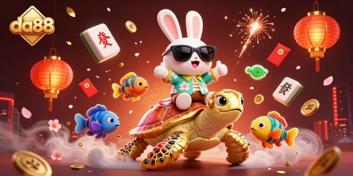 Join the excitement at da88 with a lucky rabbit and golden turtle in a vibrant gaming scene!