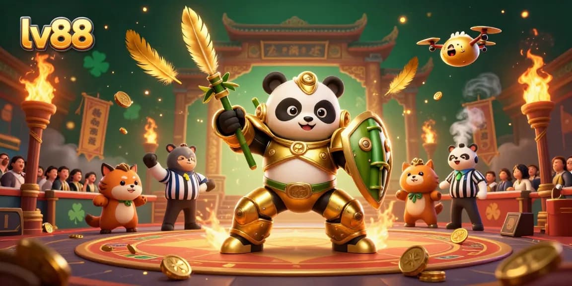 Engage in thrilling action at lv88's energetic casino arena featuring a mech-suit panda and vibrant game elements.