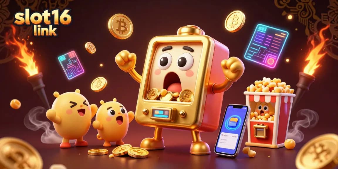 Engage with slot16 link through an exciting scene of a golden slot machine celebrating its jackpot victory.