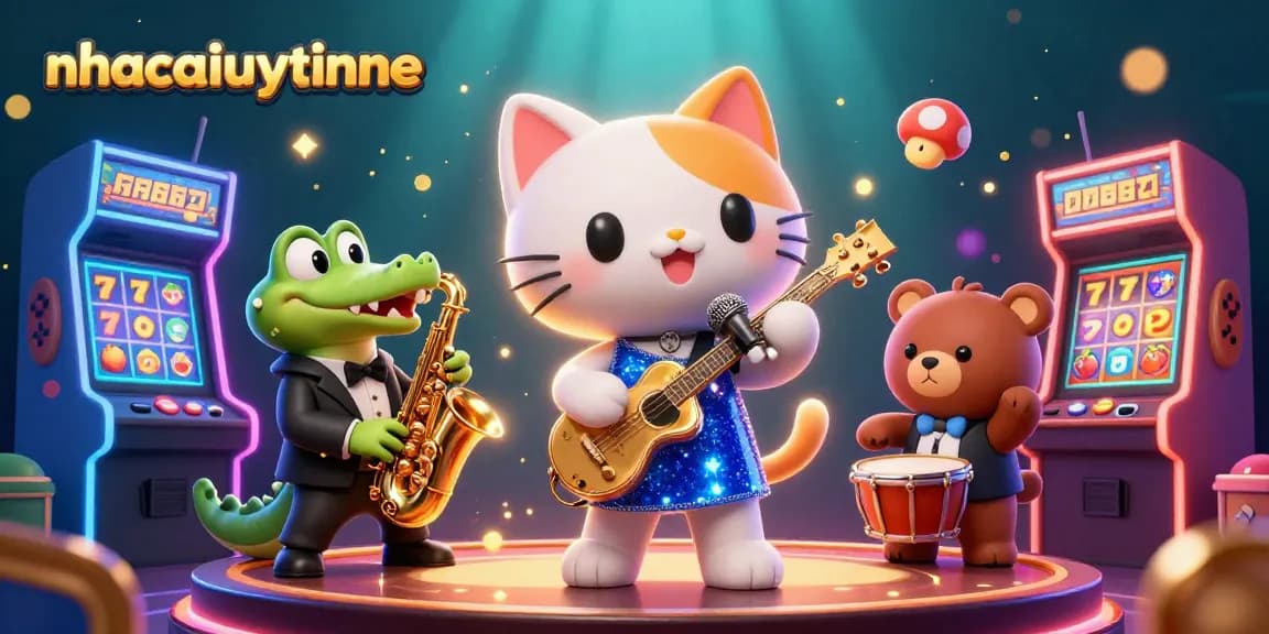 Experience the excitement of nhacaiuytinne as a jazz-singer cat performs amid vibrant slot games and casino lights.