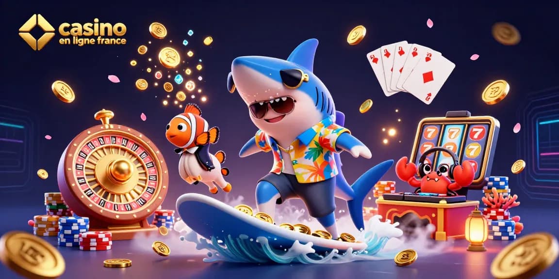 Illustration d'un site de casino en ligne France avec un requin et des jeux de hasard fascinants.
