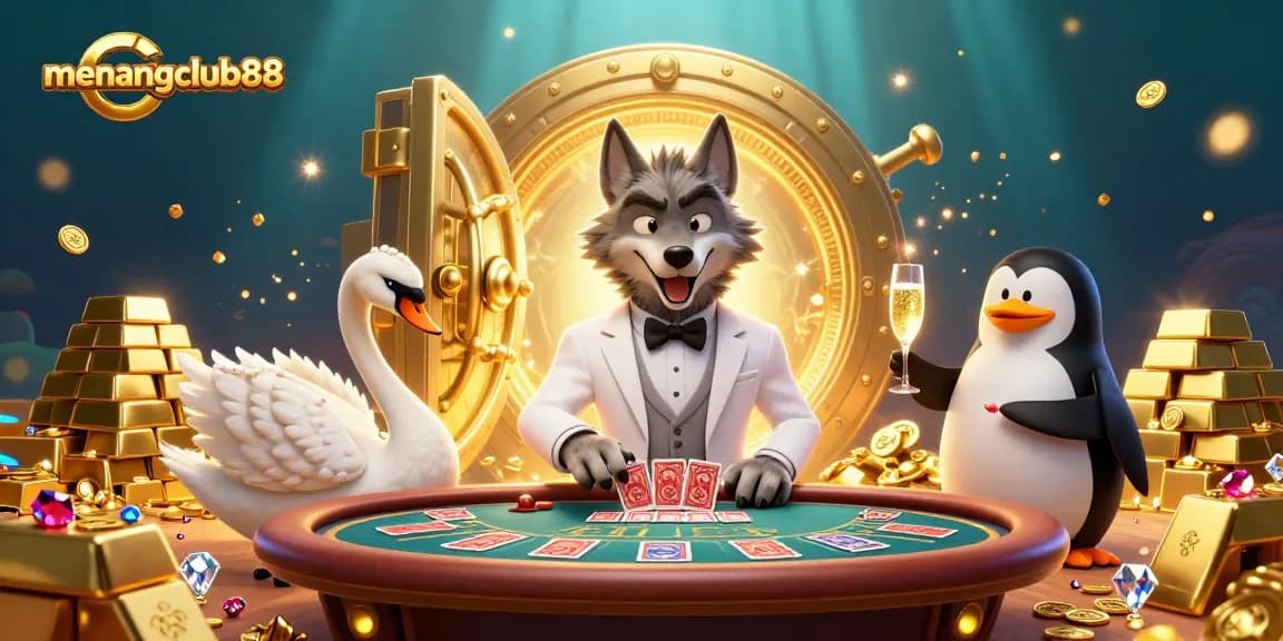 Win big with menangclub88 at the vibrant casino scene featuring a debonair wolf and elegant characters.