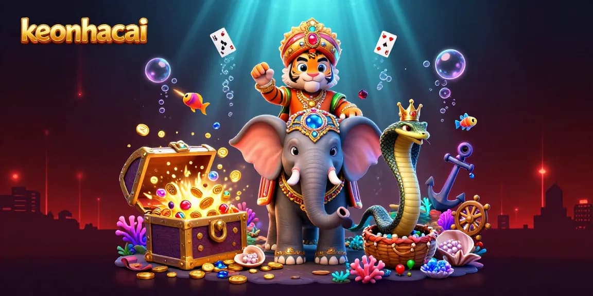 Experience thrilling betting excitement with keonhacai as a vibrant tiger, elephant, and treasures fill the casino scene.