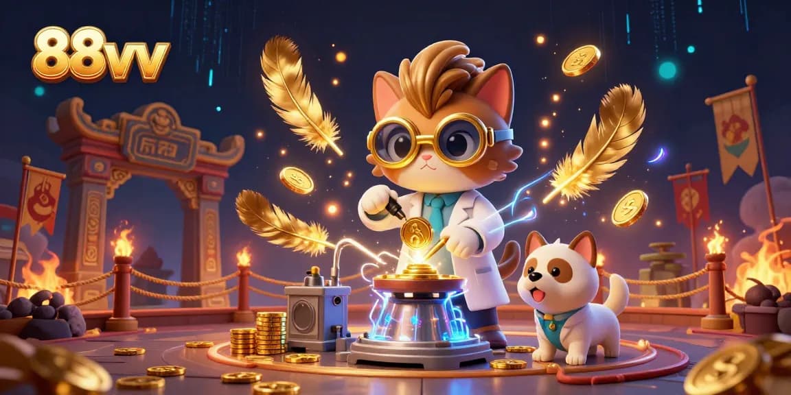 Excite your gameplay with 88vv's dynamic casino atmosphere, featuring a scientist cat and assistant dog.