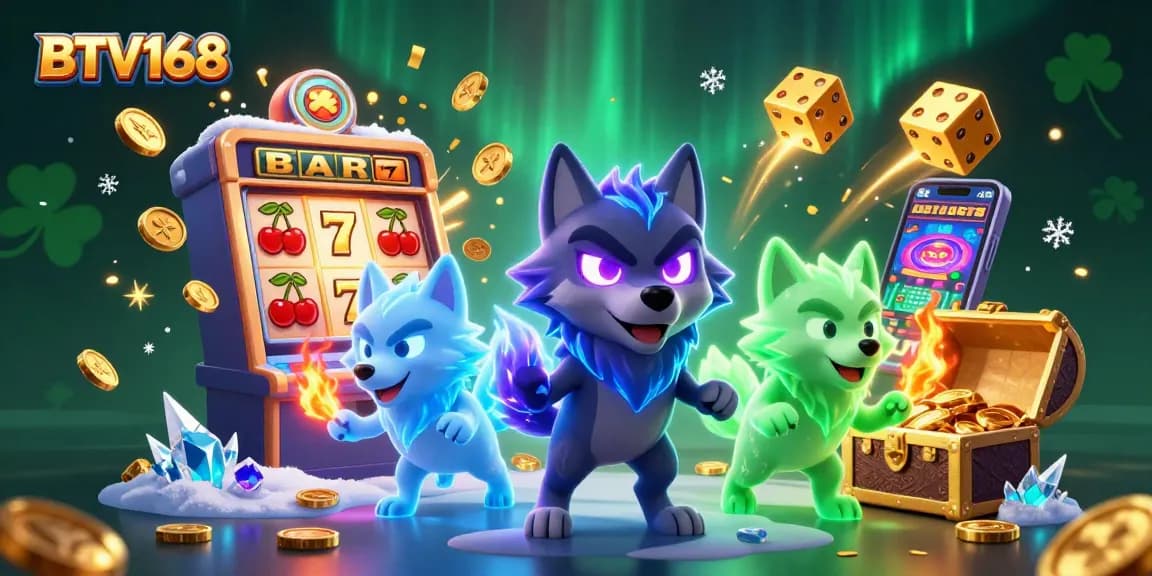 BTV168 showcases an exciting casino scene with jubilant characters celebrating jackpots in slots.