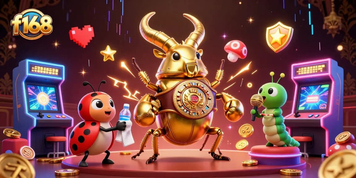 Experience the excitement of f168 with colorful game machines, a boxing beetle, and vibrant casino themes.
