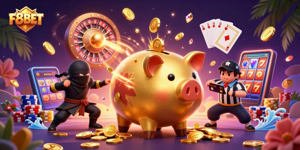 Experience the excitement of F8BET with a dynamic scene featuring a sumo wrestler, ninja, and referee among cascading golden coins.