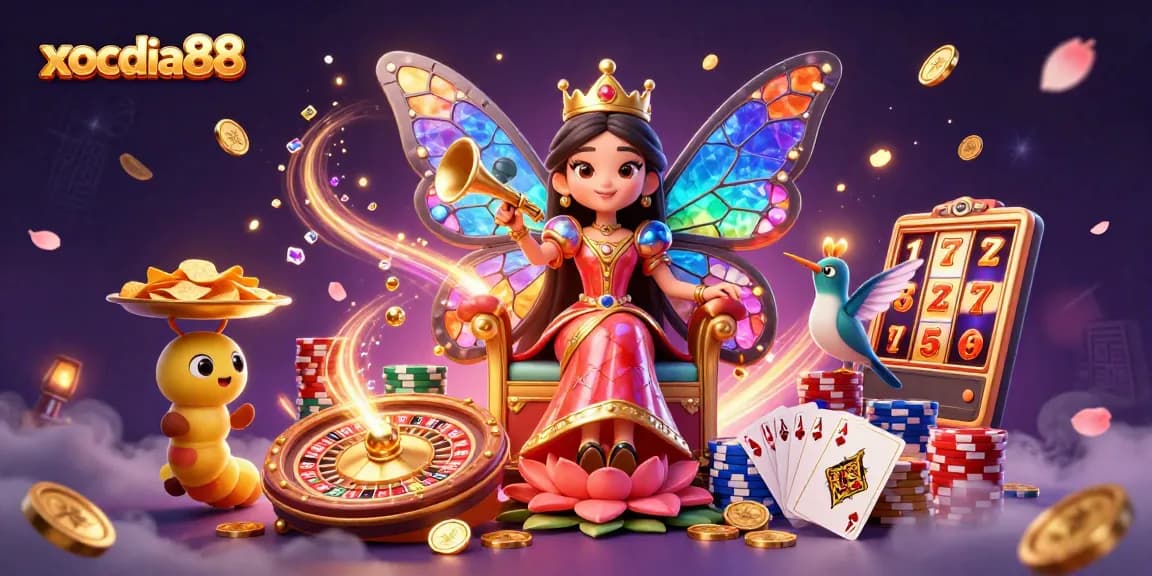 Engage with exciting gaming at xocdia88, featuring a colorful 3D casino scene with vibrant characters and action.