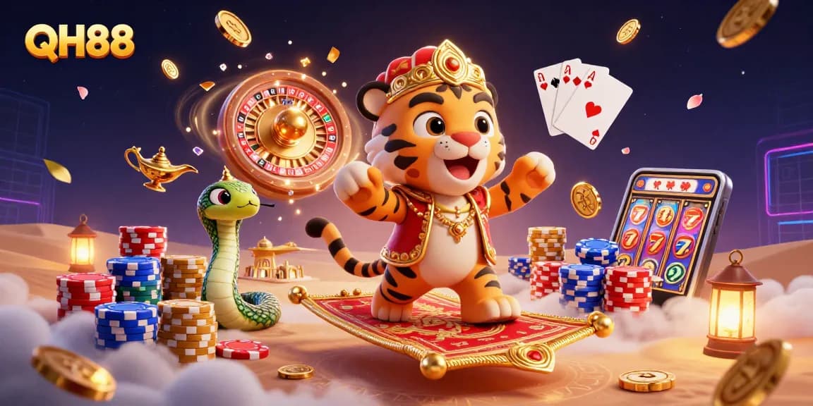 Experience thrilling adventures with QH88 as a cartoon sultan surrounded by casino treasures.