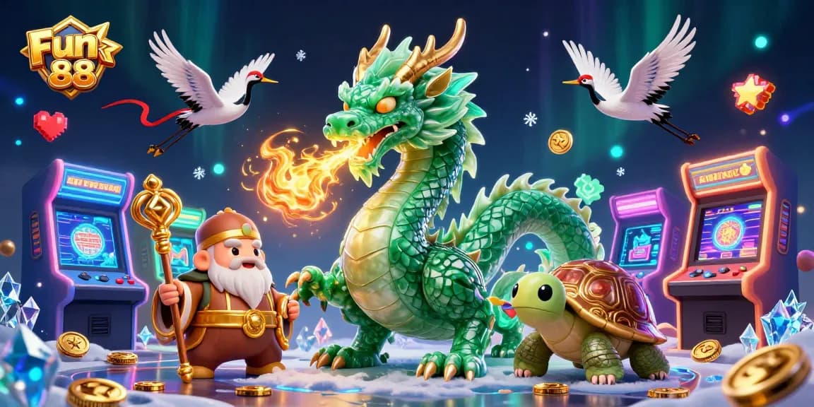 Experience thrilling gameplay with Fun 88 featuring vibrant dragons and lucky cranes in this captivating illustration.