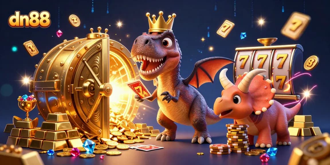 Experience thrilling gaming at dn88 with this vibrant scene featuring a T-Rex, chips, and jackpot elements.