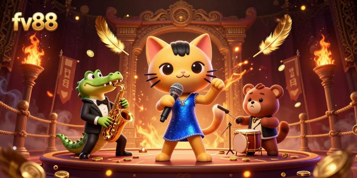 fv88 invites players to immerse in a lively casino atmosphere featuring jazz, golden tokens, and vibrant characters.