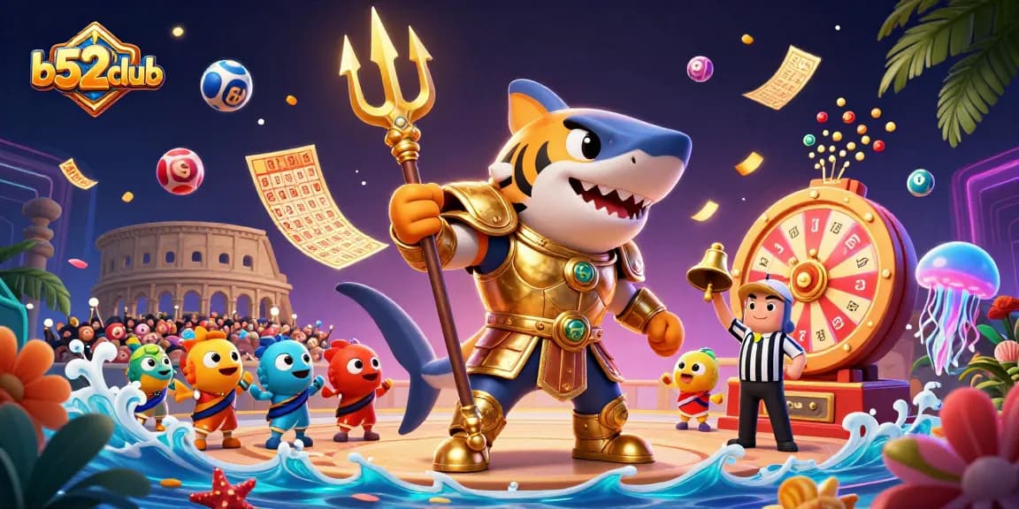 Engage in exciting gameplay at b52club with an animated underwater scene depicting thrilling lottery and casino elements.