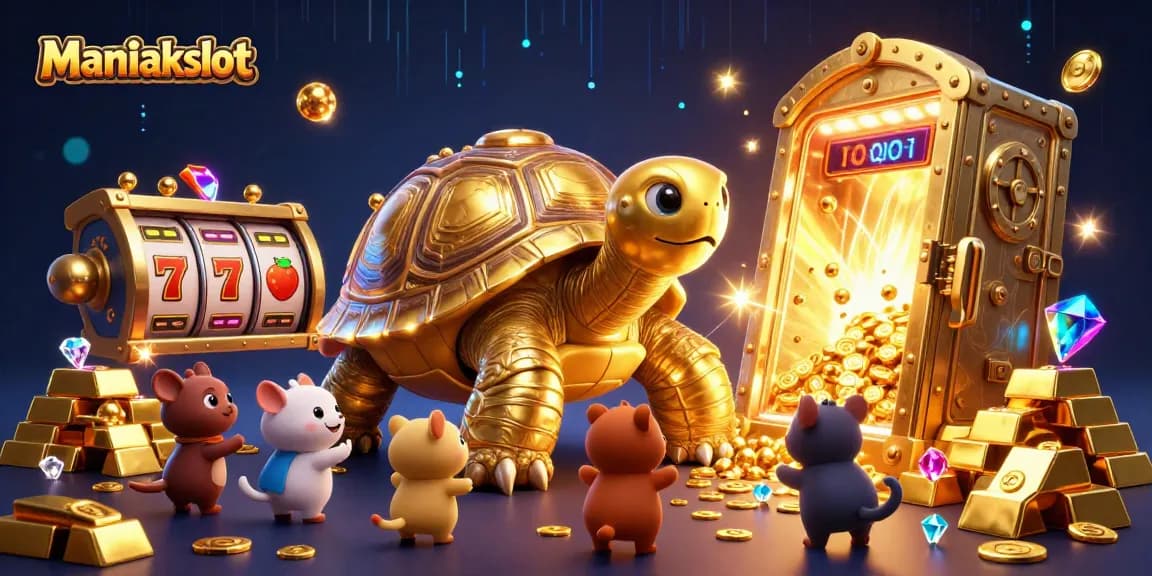Play Maniakslot and win big with the exciting colossal tortoise poker-themed illustration.