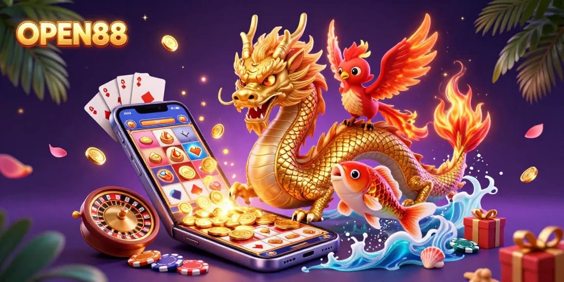 Experience winning at OPEN88 with a vibrant dragon and phoenix amidst a dynamic casino scene.