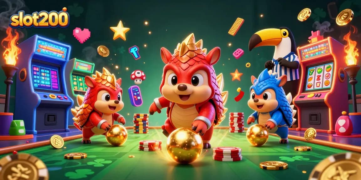 Mainkan slot200 dengan pangolin berperang, dikelilingi slot reel yang berkilauan dan koin emas.