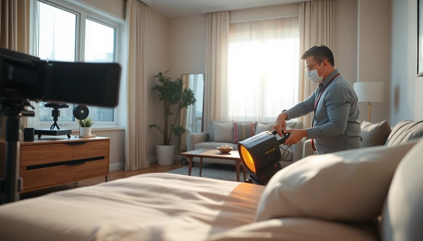 Technician performing bed bug heat treatment using specialized equipment in a clean apartment.