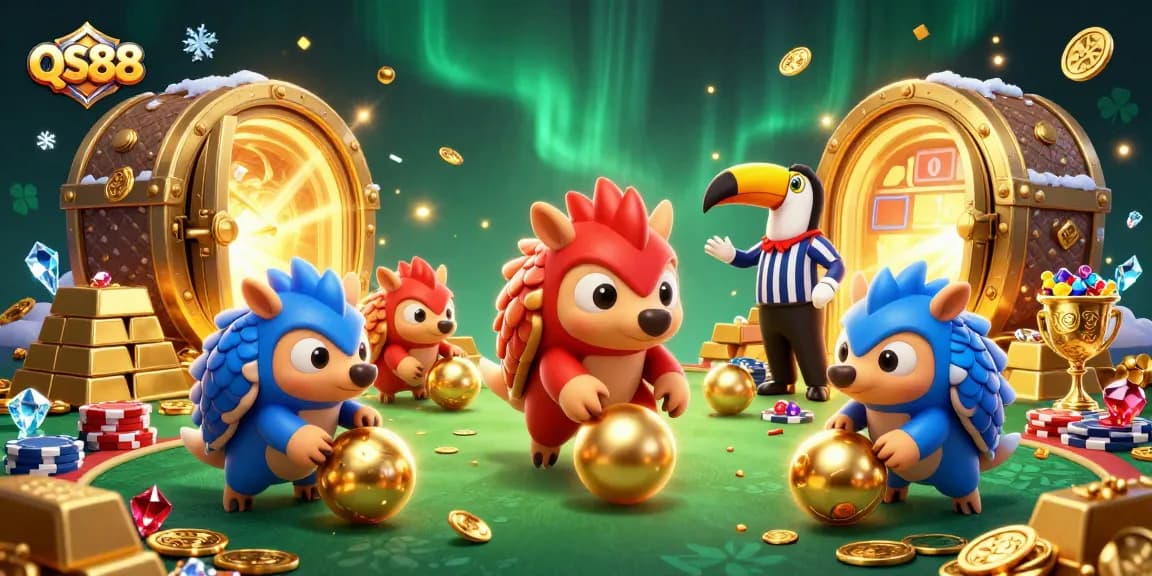 Engage in thrilling gaming action with QS88, featuring vibrant pangolins amidst sparkling treasures and poker chips.