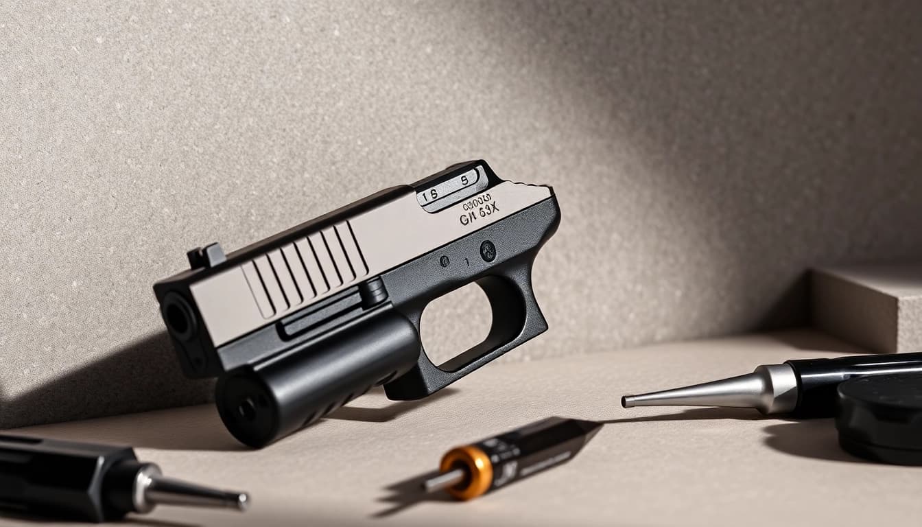 Showcasing a glock 43x slide with an optic cut and smooth finish in a professional setting.
