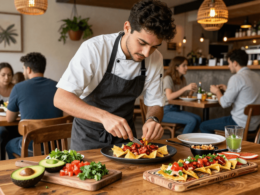 Delicious best tapas tortilla chips con chorizo served in a vibrant restaurant setting.