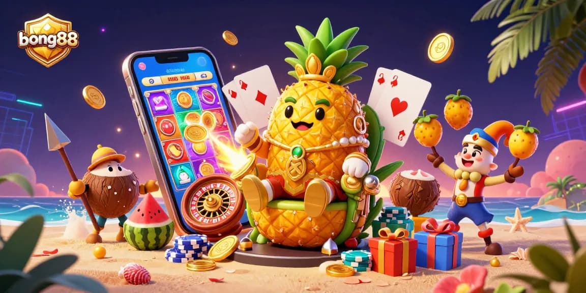 Experience casino thrills with bong88 featuring a golden pineapple king, adventure, and vibrant game elements.