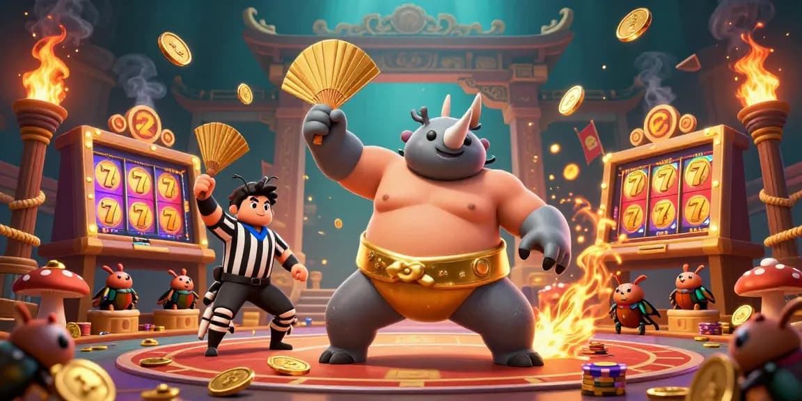 Thrive Paper presents a thrilling casino scene with a powerful sumo beetle champion and golden coins soaring.
