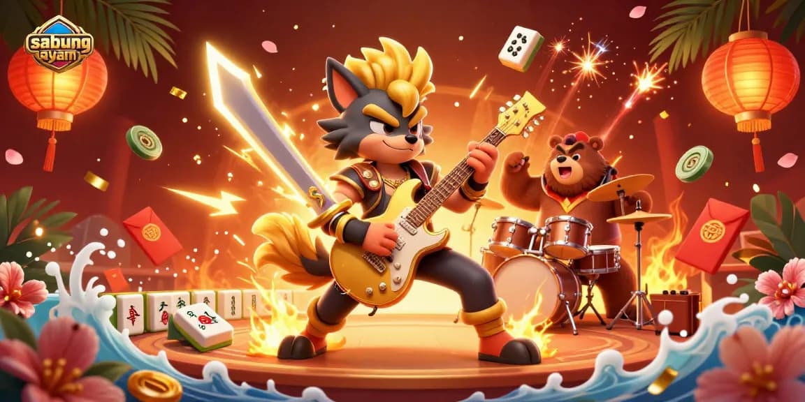 Sabung ayam action scene showcasing a vibrant cockfighting arena with dynamic characters and festive elements.