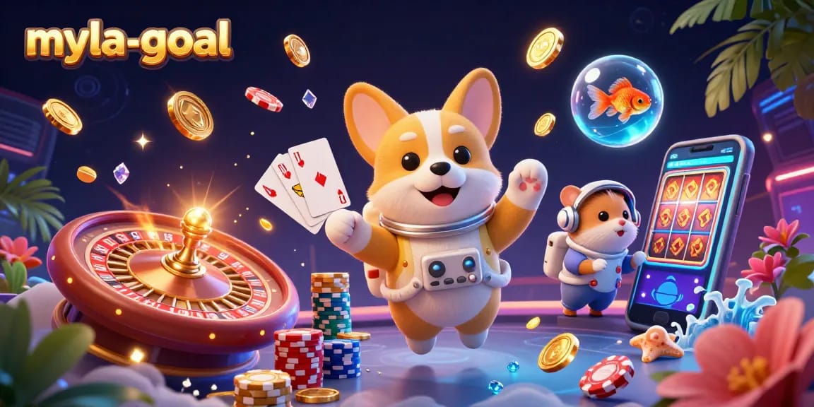 Experience thrilling gameplay with myla-goal in a vibrant space casino scene filled with coins and cards.