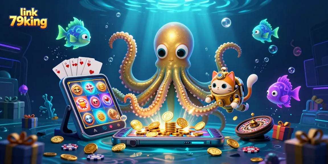 Spin and win with link 79king while a kraken and diving cat dive into casino treasures.