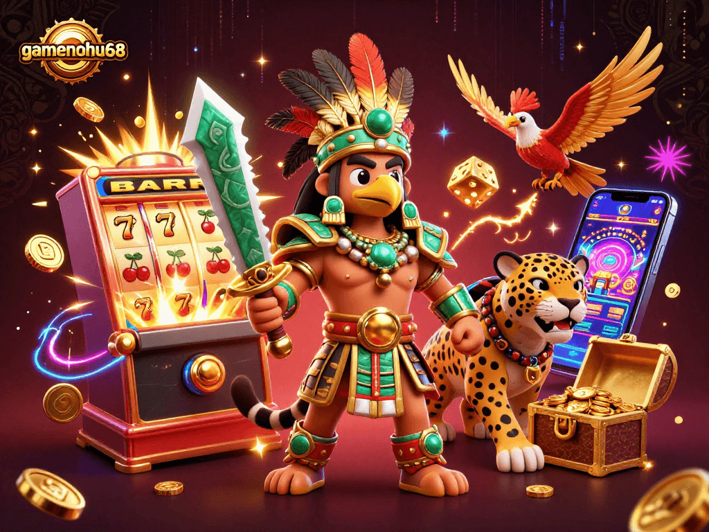 Experience the allure of gamenohu68 with a vibrant casino-themed 3D scene featuring iconic symbols and characters.
