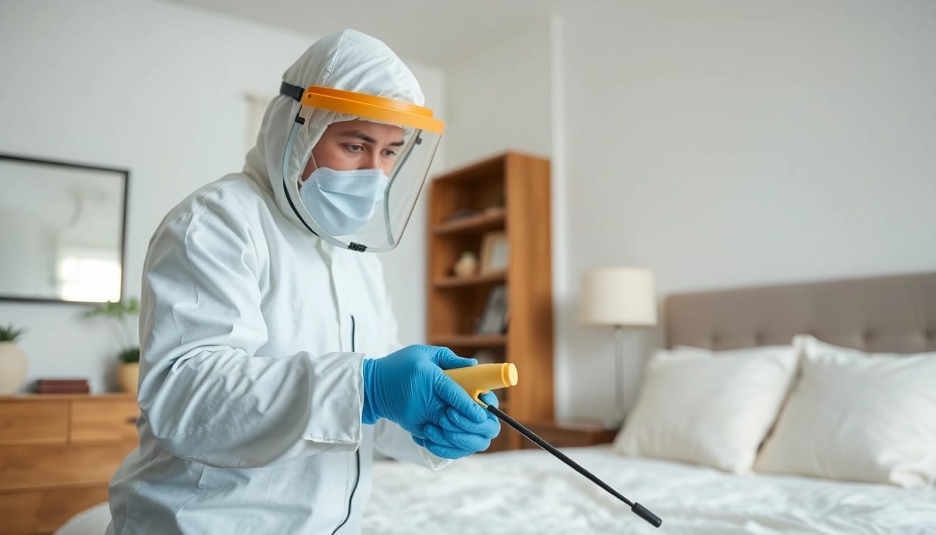 Professional pest control technician demonstrating bed bug pest control techniques in a bright bedroom.