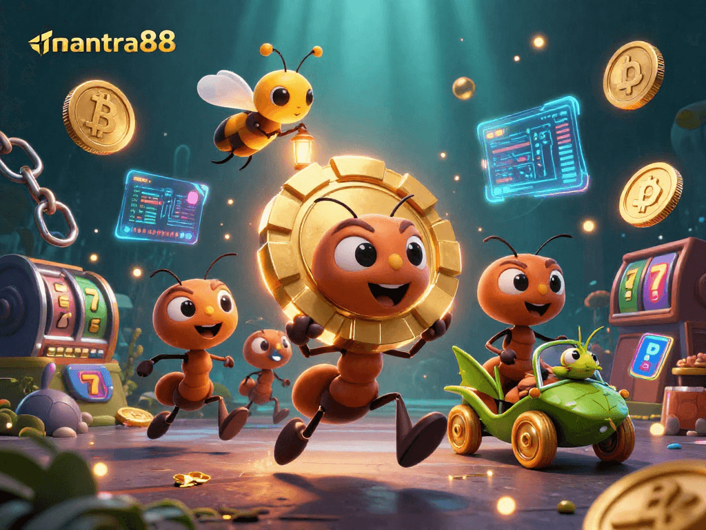 Experience vibrant gambling action with mantra88 as ants celebrate a heist in an intricate 3D illustration.