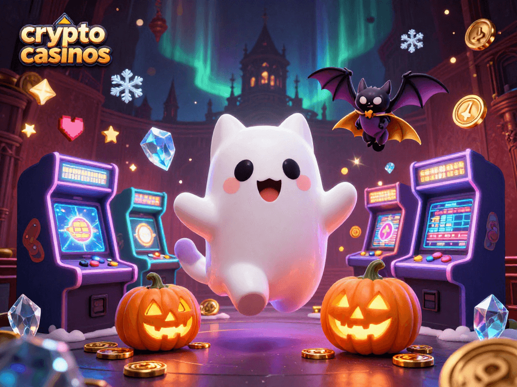 Jouez aux crypto casinos avec cette scène animée de chat fantôme et de personnages sous un éclairage mystérieux.