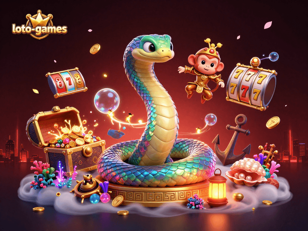 Experience loto-games in a vibrant 3D illustration featuring colorful characters and rich casino elements.