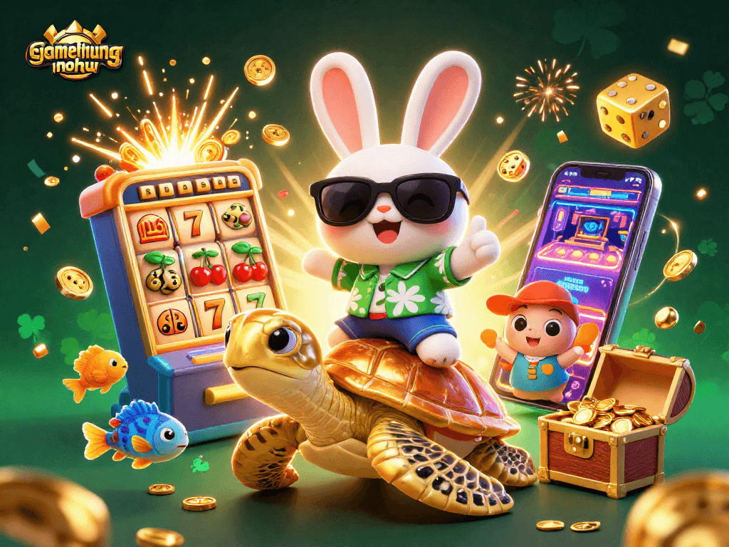 Experience fun wins with gamethuongnohu featuring a lucky rabbit and golden turtle in a vibrant casino scene.