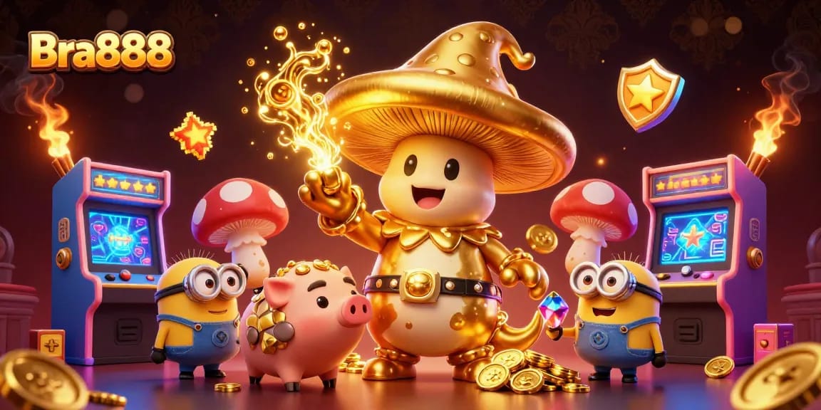 Bra888 gaming scene featuring a golden mushroom wizard casting magic with arcade machines and glowing elements.