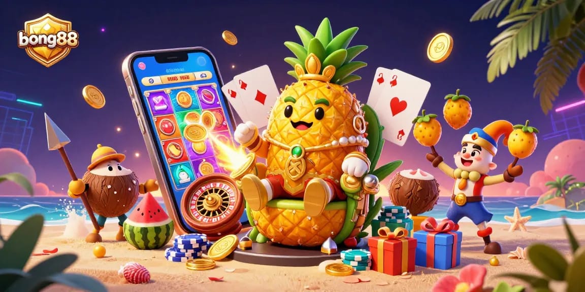 Experience casino thrills with bong88 featuring a golden pineapple king, adventure, and vibrant game elements.