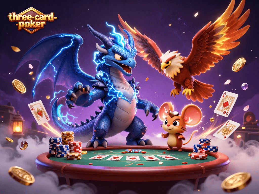 Experience three-card-poker excitement with a vibrant, dynamic casino illustration filled with action.
