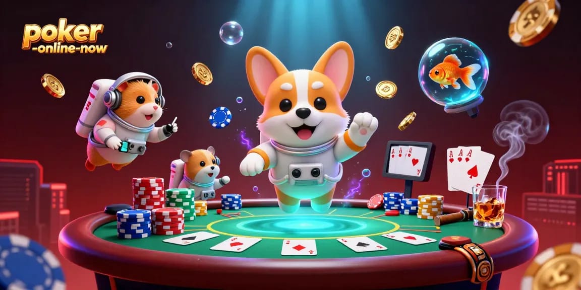 Engage with exciting gameplay at poker-online-now as the astronaut corgi plays poker in space.