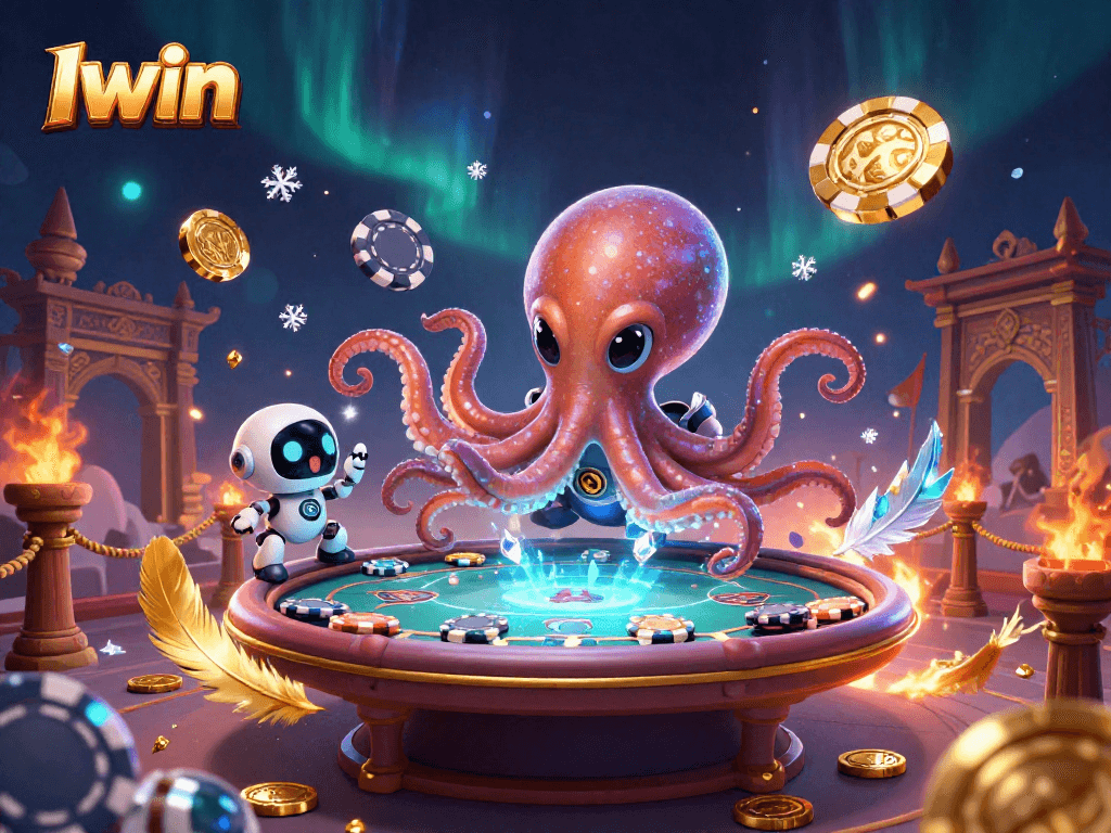 Iwin displays vibrant gambling action with an alien octopus masterfully managing a holographic poker game.
