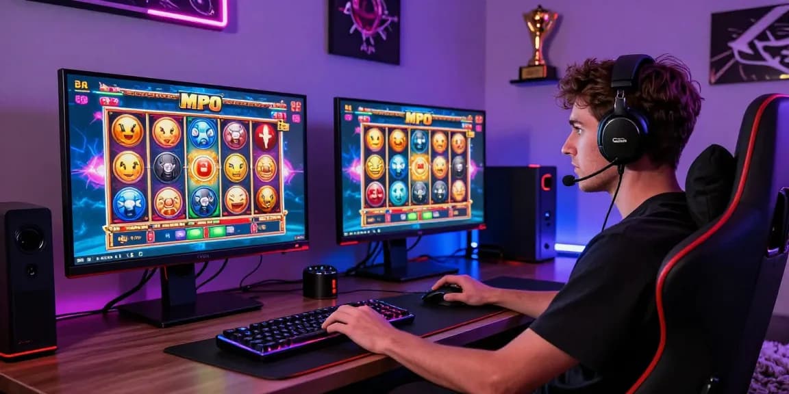 Engaging player immersed in a slot mpo game on a vibrant screen, capturing the excitement of online gaming.
