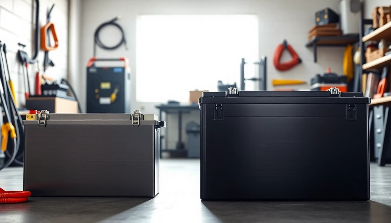 Showcasing high-quality lithium golf cart batteries in a workshop, emphasizing design and functionality.