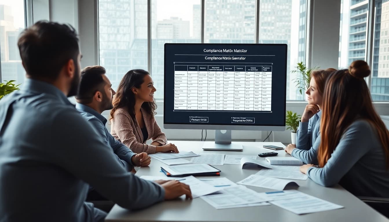 Team collaborating with compliance matrix generator in a modern office environment.