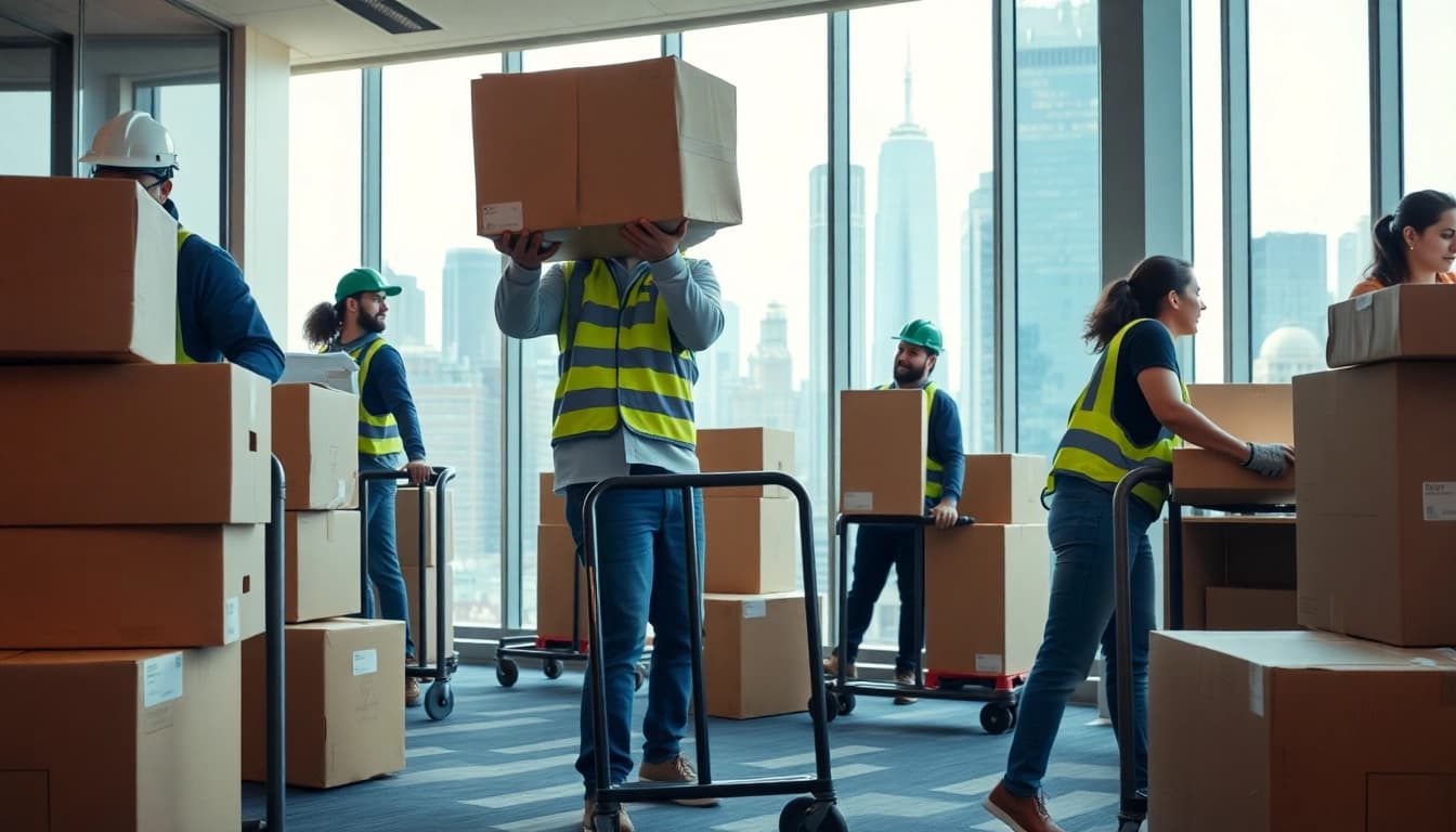 Efficient commercial moving services NYC with professional movers preparing an office relocation.